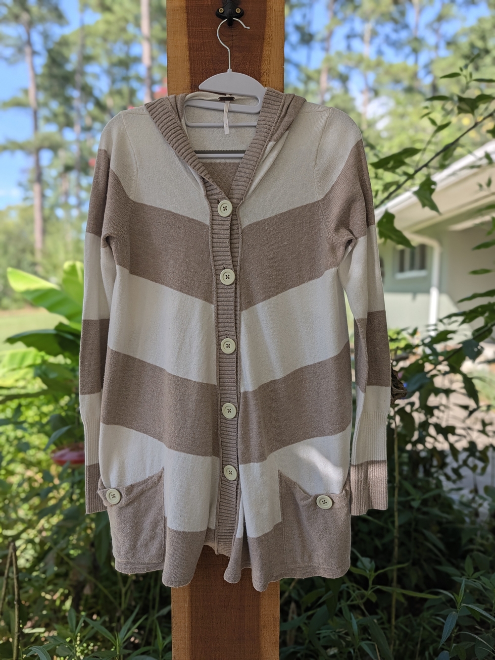 Free People Hooded Striped Button-Front Cardigan in Cream & Tan